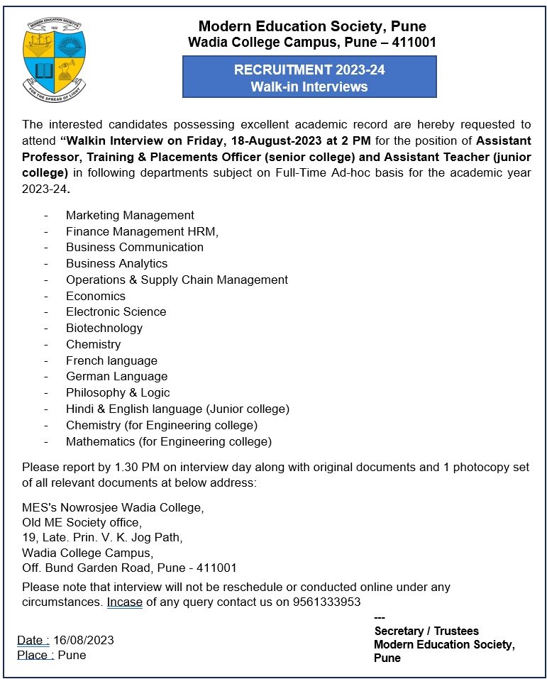 Final draft of advertisement for Walkin Interviews A. Y. 2023-24
